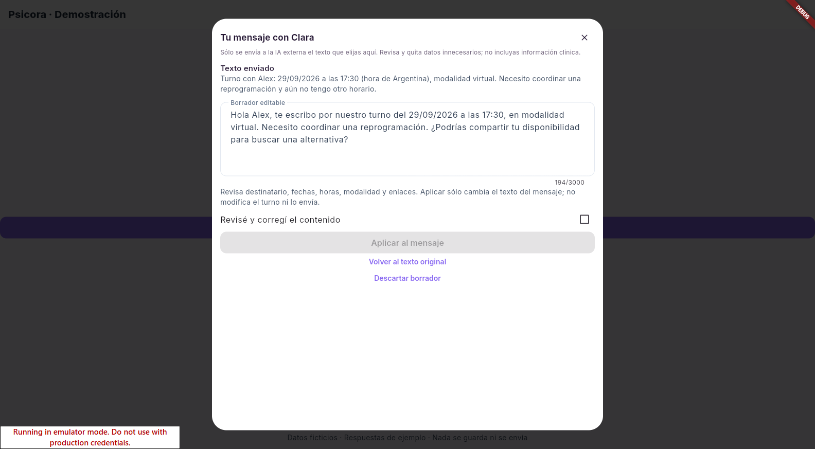Borrador de un mensaje para coordinar una reprogramación, editable antes de aplicar.