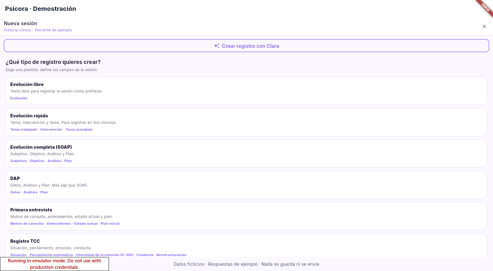 Selector de registros con el botón Crear registro con Clara y las plantillas disponibles.