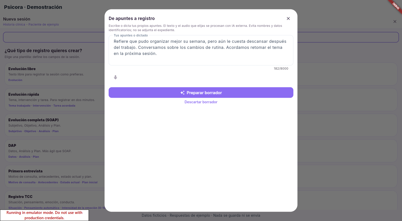 Ventana De apuntes a registro con texto ficticio y opción de dictado.