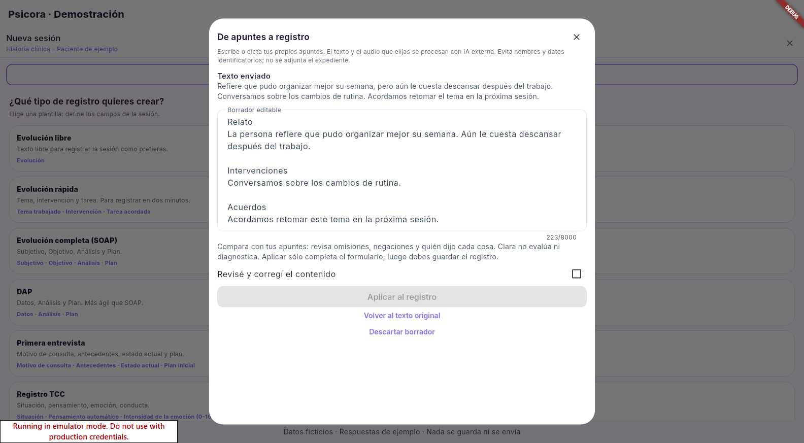 Comparación de apuntes ficticios con un borrador organizado por relato, intervenciones y acuerdos.