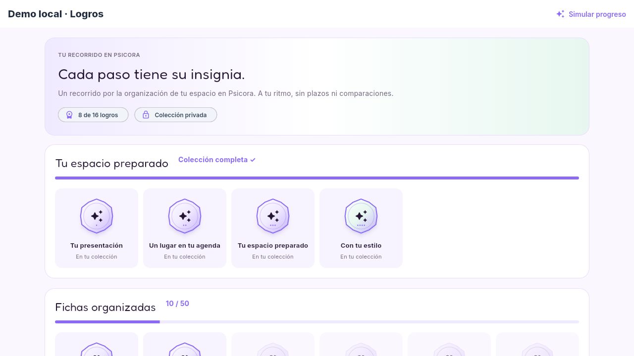 Colección privada de ocho logros con el espacio preparado y el progreso de fichas organizadas.