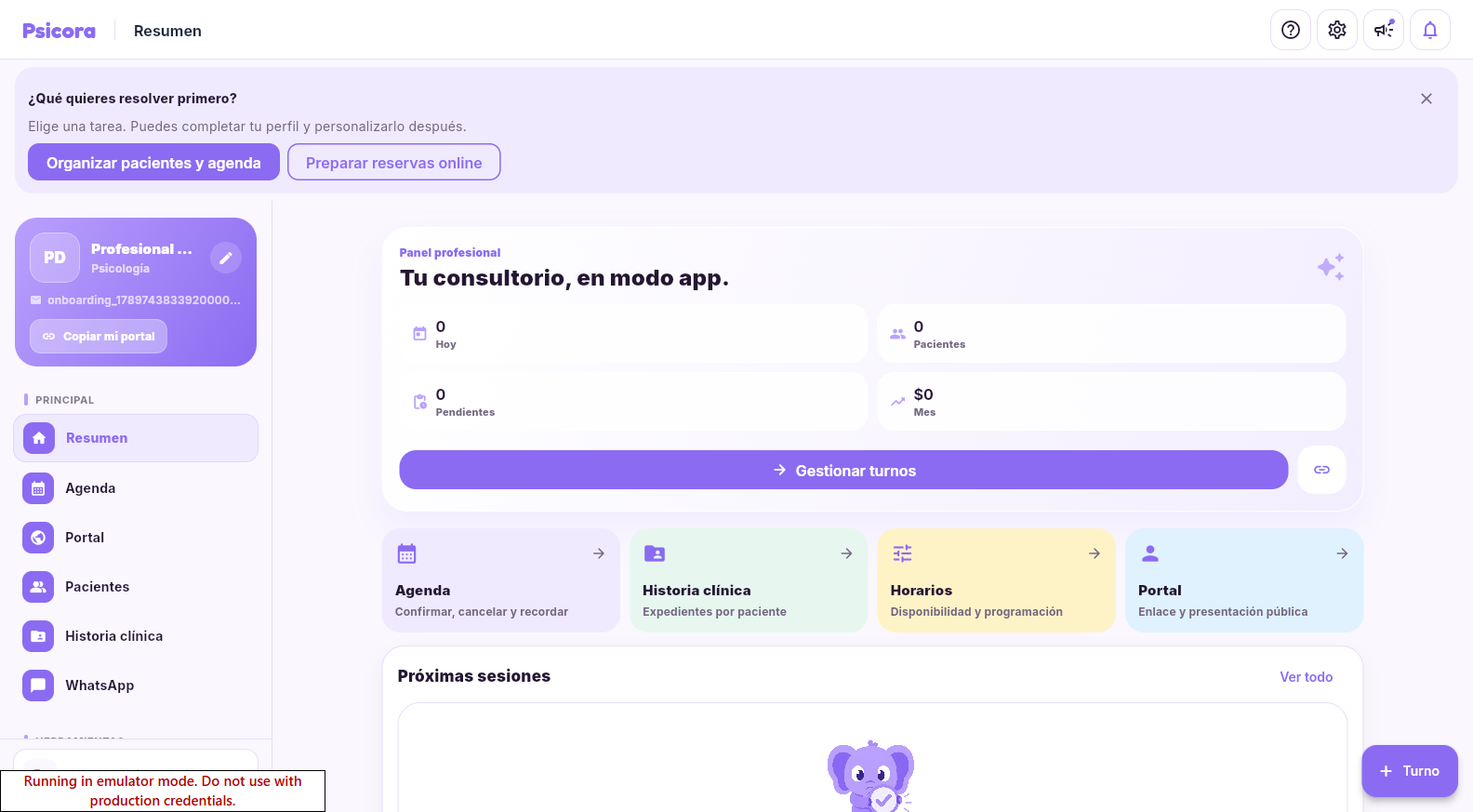 Resumen de una cuenta de demostración con las dos opciones de la guía de primer uso.