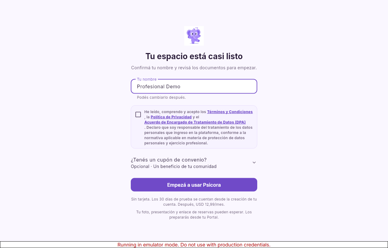 Registro de una cuenta ficticia con nombre, aceptación legal y botón Empezar a usar Psicora.